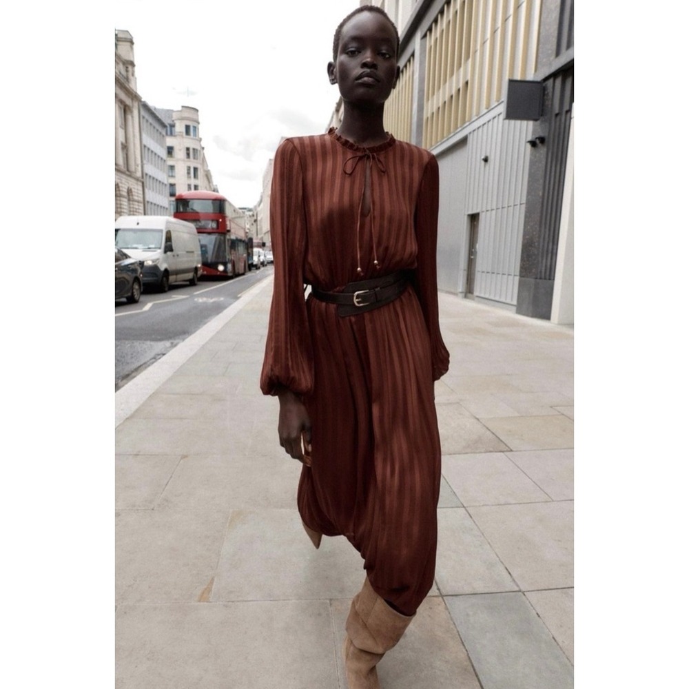 Zara Rust Brown Striped Pleated Midi Dress with Belt Tie Neck Long Sleeve XL